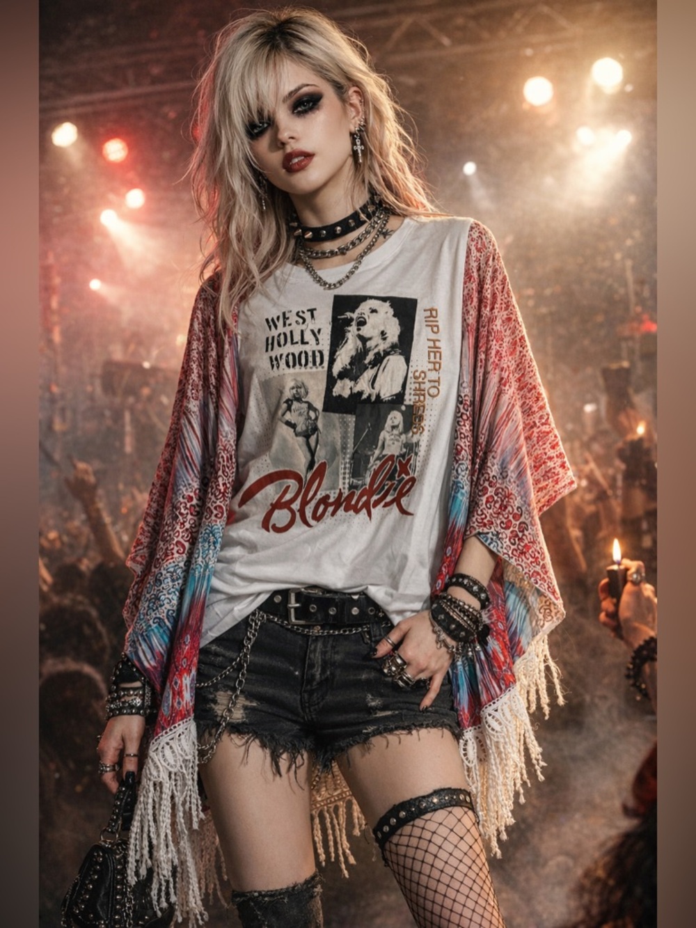 Custom Upcycled Edgy Blondie Graphic Tee Kimono Poncho Pullover Top OSFM